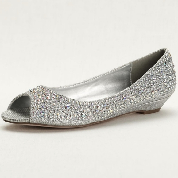David's Bridal Peep Toe Low Wedge Silver AJUSTIN10 Women's 7 - Picture 1 of 11